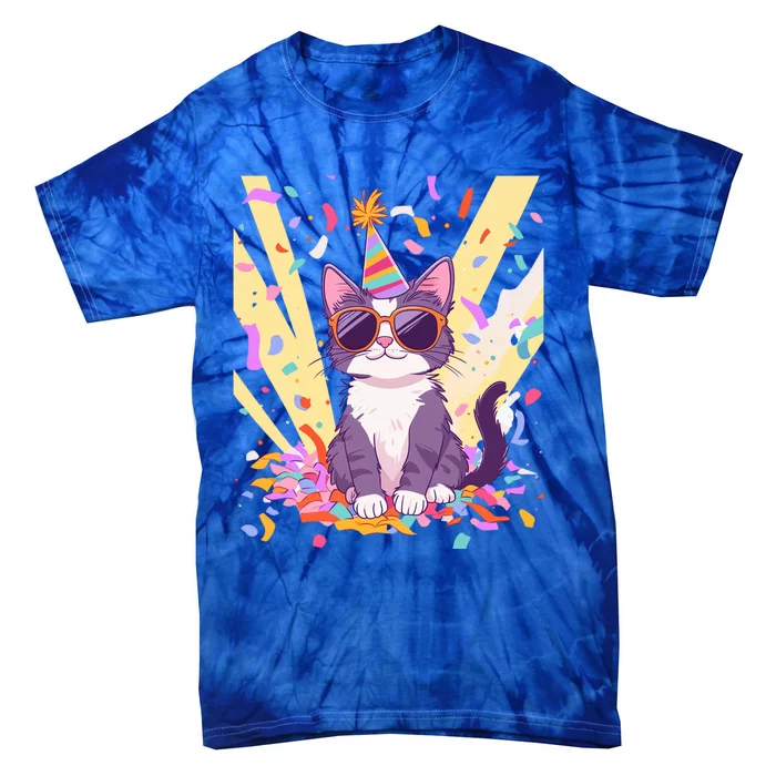 Funny Cat With Sunglasses And Party Hat Celebration Gift Tie-Dye T-Shirt