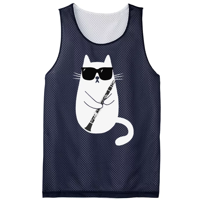 Funny Cat Wearing Sunglasses Playing Clarinet Musician Mesh Reversible Basketball Jersey Tank