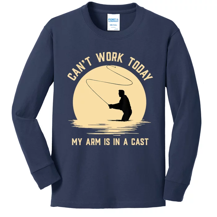Funny Can't Work Today My Arm Is in A Cast Shirt Funny Fly Fishing Meme Shirt Kids Long Sleeve Shirt