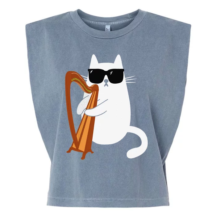 Funny Cat Wearing Sunglasses Playing Harp Harpist Musician Garment-Dyed Women's Muscle Tee