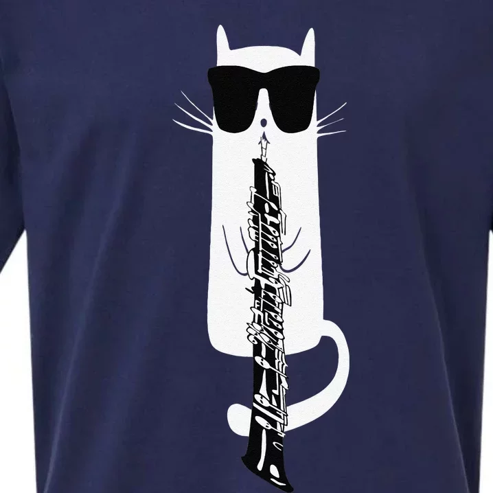 Funny Cat Wearing Sunglasses Playing Oboe Sueded Cloud Jersey T-Shirt