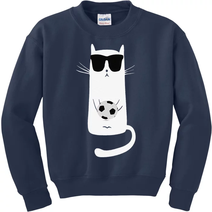 Funny Cat Wearing Sunglasses Playing Soccer Football Kids Sweatshirt