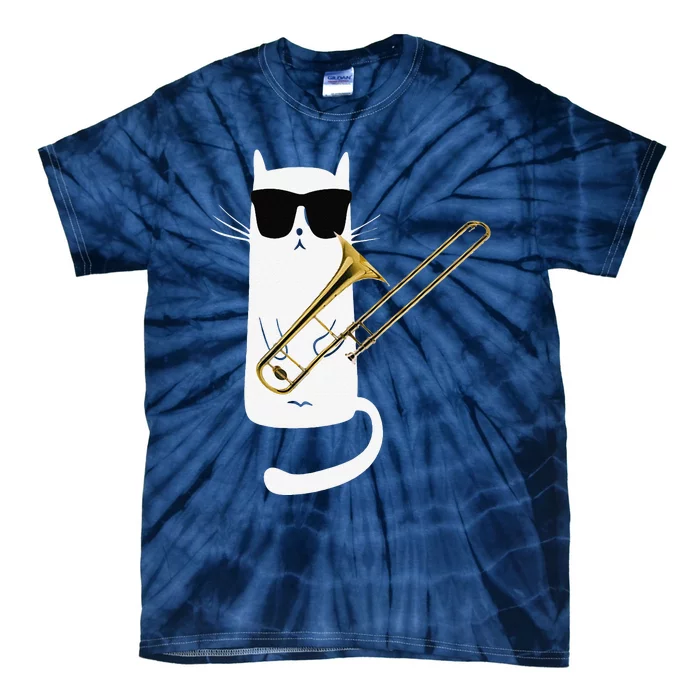 Funny Cat Wearing Sunglasses Playing Trombone Tie-Dye T-Shirt