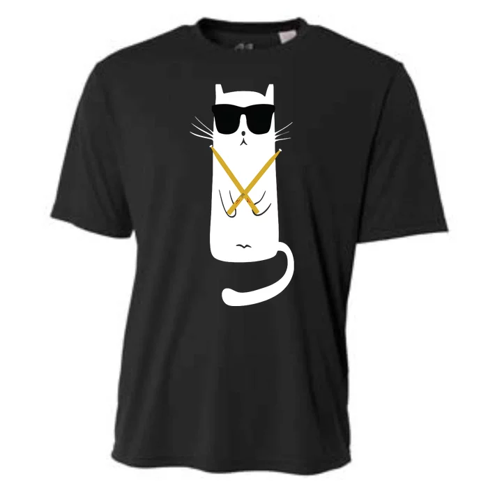 Funny Cat Wearing Sunglasses Drums Playing Drums Cooling Performance Crew T-Shirt