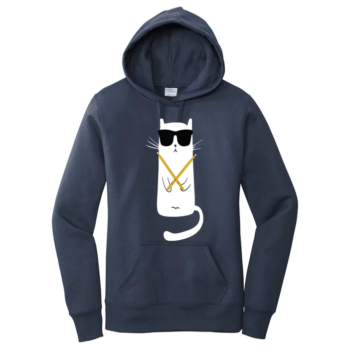 Funny Cat Wearing Sunglasses Drums Playing Drums Women's Pullover Hoodie