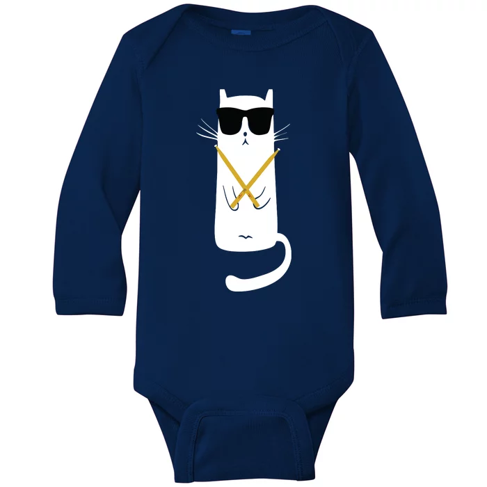 Funny Cat Wearing Sunglasses Drums Playing Drums Baby Long Sleeve Bodysuit