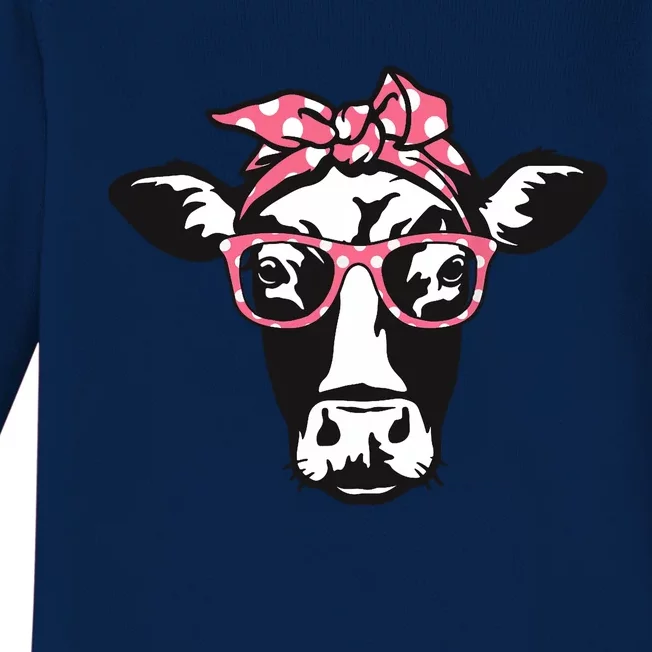 Funny Cow With Bandana Glasses, Cute Cow Baby Long Sleeve Bodysuit