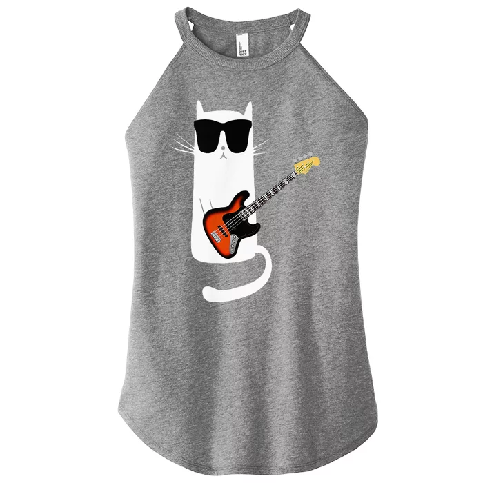 Funny Cat Wearing Sunglasses Playing Bass Guitar Women’s Perfect Tri Rocker Tank