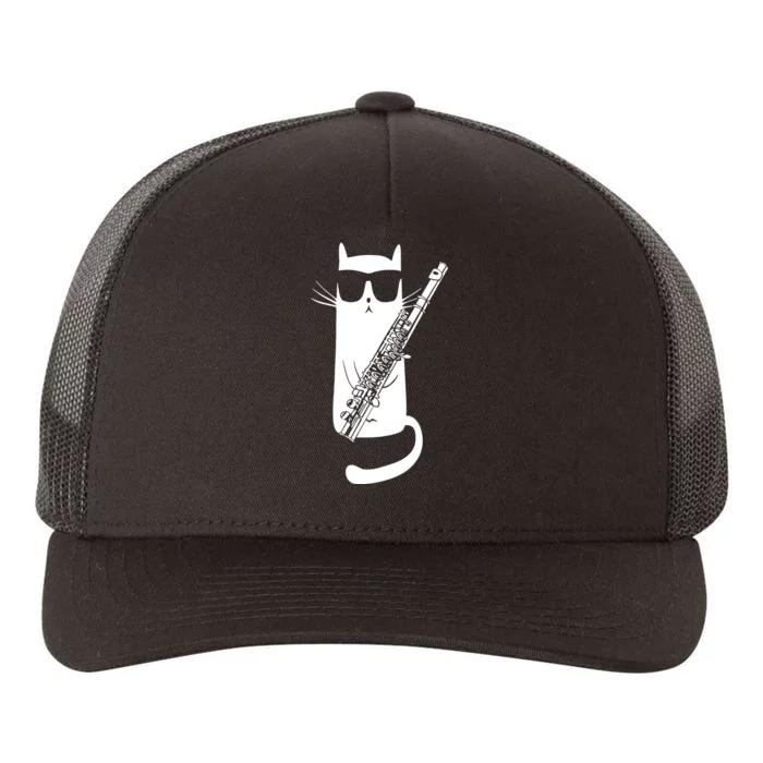 Funny Cat Wearing Sunglasses Playing Flute Musician Yupoong Adult 5-Panel Trucker Hat