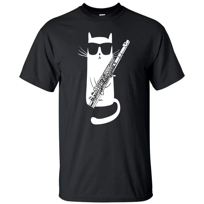 Funny Cat Wearing Sunglasses Playing Flute Musician Tall T-Shirt