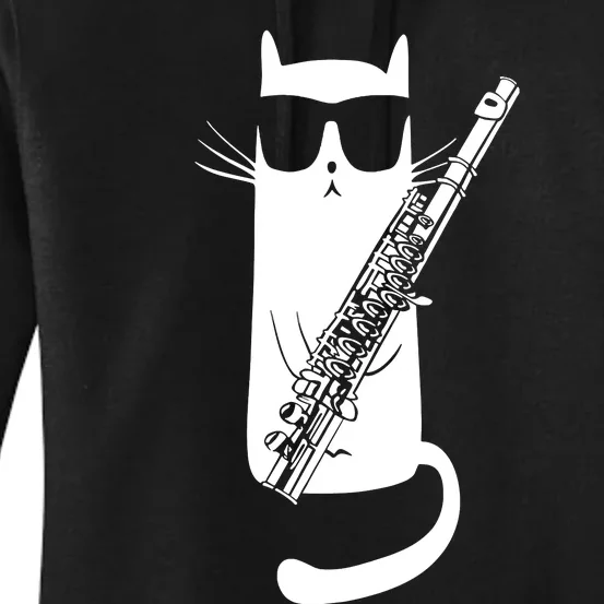 Funny Cat Wearing Sunglasses Playing Flute Musician Women's Pullover Hoodie