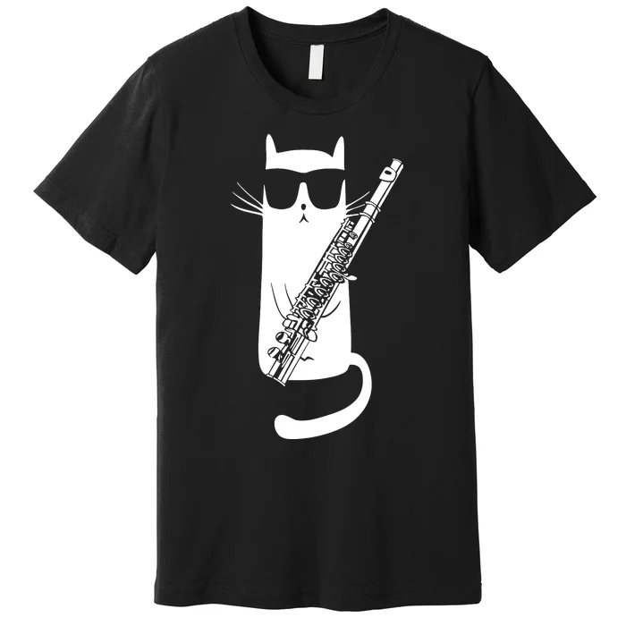 Funny Cat Wearing Sunglasses Playing Flute Musician Premium T-Shirt