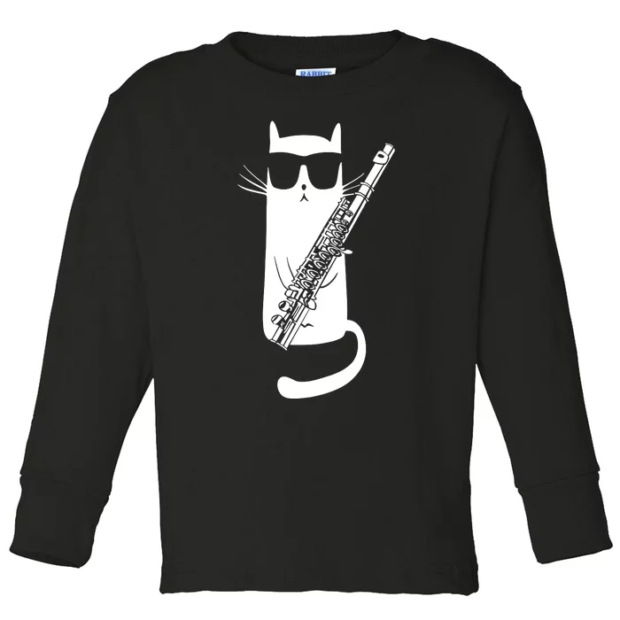 Funny Cat Wearing Sunglasses Playing Flute Musician Toddler Long Sleeve Shirt