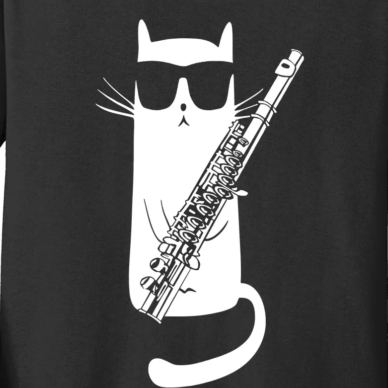 Funny Cat Wearing Sunglasses Playing Flute Musician Kids Long Sleeve Shirt