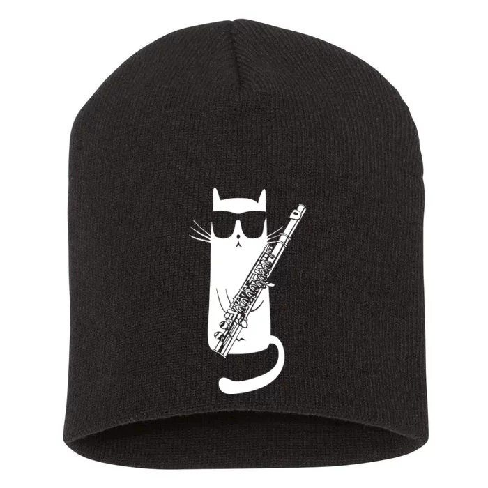 Funny Cat Wearing Sunglasses Playing Flute Musician Short Acrylic Beanie