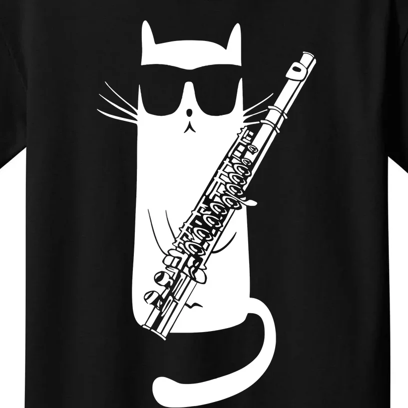 Funny Cat Wearing Sunglasses Playing Flute Musician Kids T-Shirt