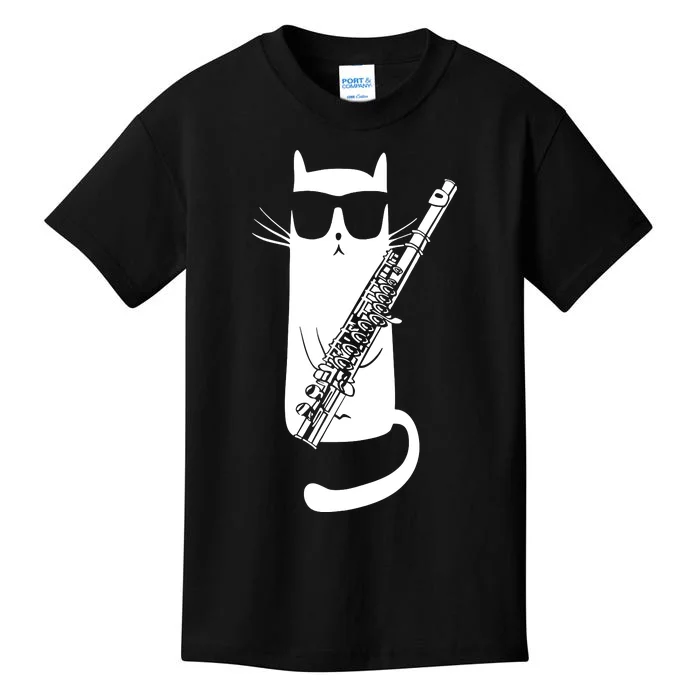 Funny Cat Wearing Sunglasses Playing Flute Musician Kids T-Shirt