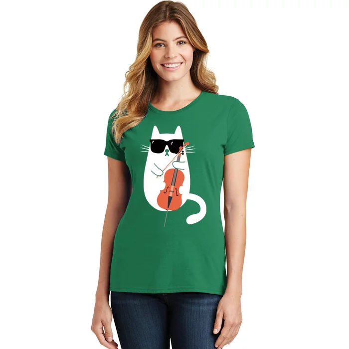 Funny Cat Wearing Sunglasses Playing Cello Cellist Musician Women's T-Shirt