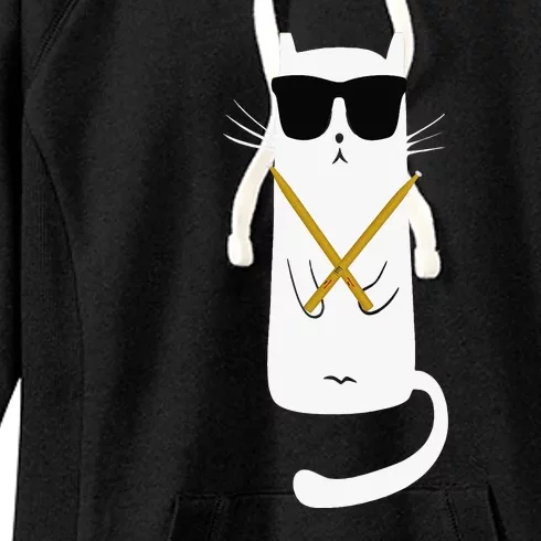 Funny Cat Wearing Sunglasses Playing Drums Women's Fleece Hoodie