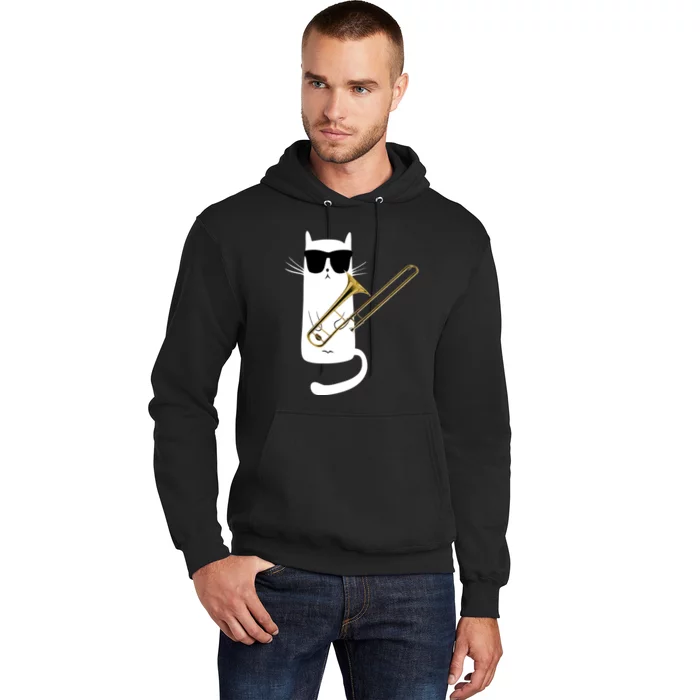 Funny Cat Wearing Sunglasses Playing Trombone Hoodie