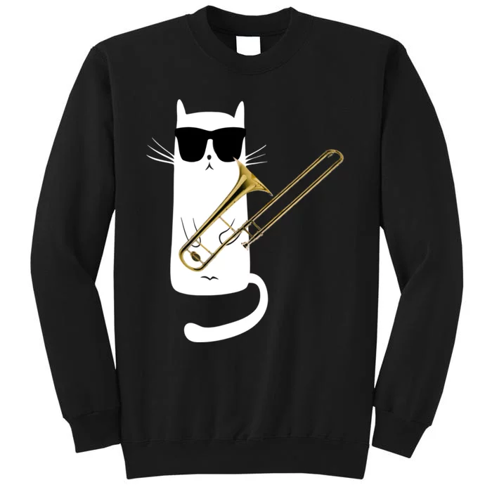 Funny Cat Wearing Sunglasses Playing Trombone Tall Sweatshirt