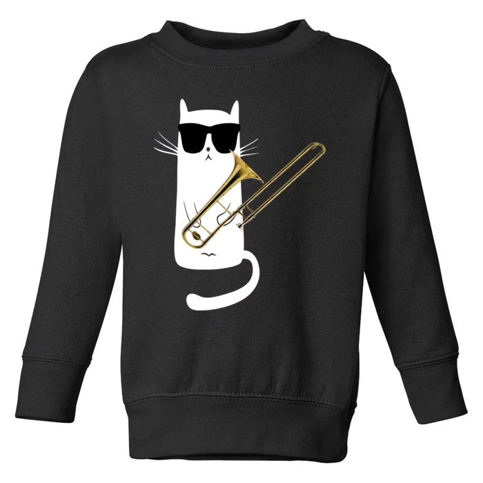 Funny Cat Wearing Sunglasses Playing Trombone Toddler Sweatshirt