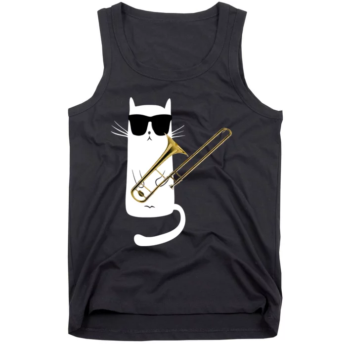 Funny Cat Wearing Sunglasses Playing Trombone Tank Top