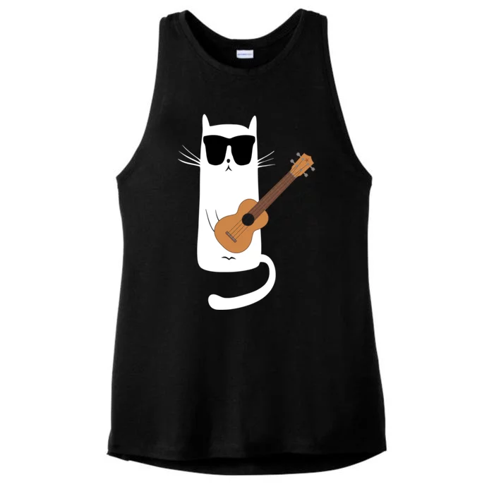 Funny Cat Wearing Sunglasses Playing Ukulele Ladies Tri-Blend Wicking Tank