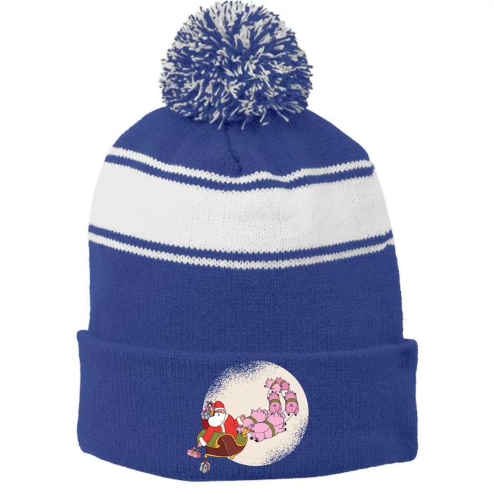 Funny Christmas When Pig Fly Oinkers Pulling Sleigh Meaningful Gift Stripe Pom Pom Beanie