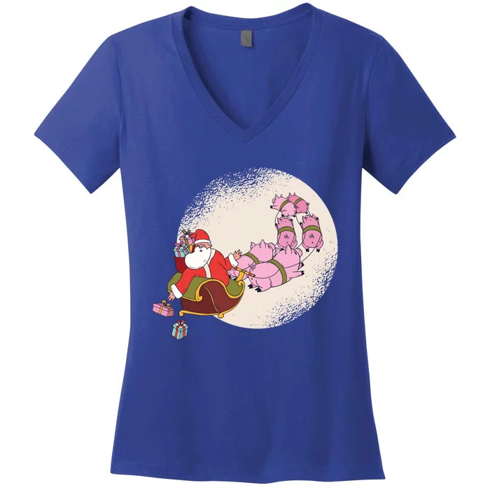 Funny Christmas When Pig Fly Oinkers Pulling Sleigh Meaningful Gift Women's V-Neck T-Shirt