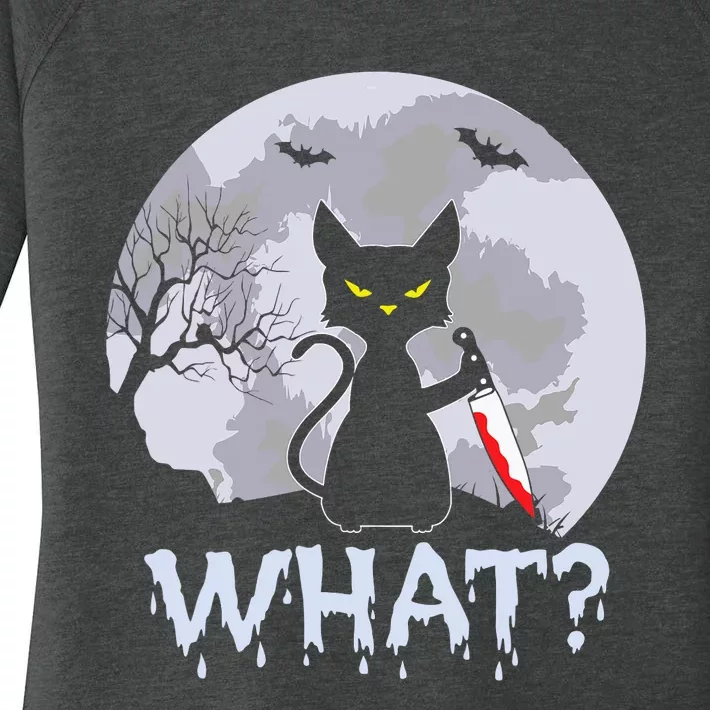 Funny CAT WHAT? Murderous Black Cat With Knife Halloween Costume Women's Perfect Tri Tunic Long Sleeve Shirt