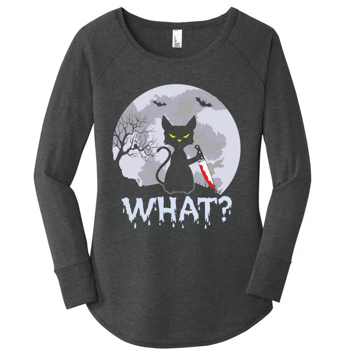 Funny CAT WHAT? Murderous Black Cat With Knife Halloween Costume Women's Perfect Tri Tunic Long Sleeve Shirt