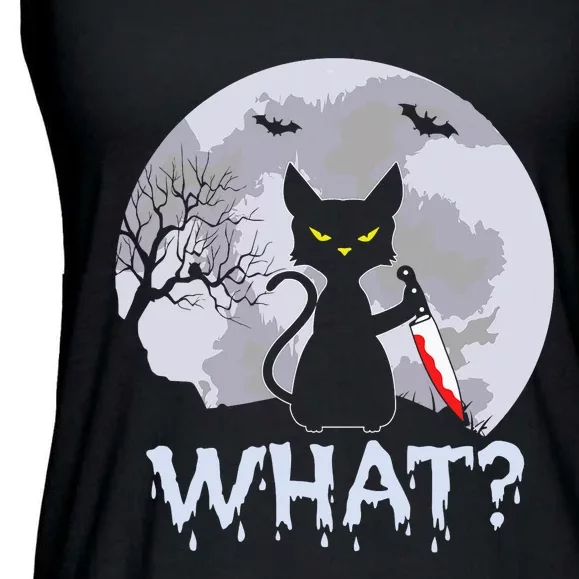 Funny CAT WHAT? Murderous Black Cat With Knife Halloween Costume Ladies Essential Flowy Tank