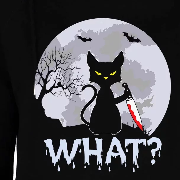 Funny CAT WHAT? Murderous Black Cat With Knife Halloween Costume Womens Funnel Neck Pullover Hood