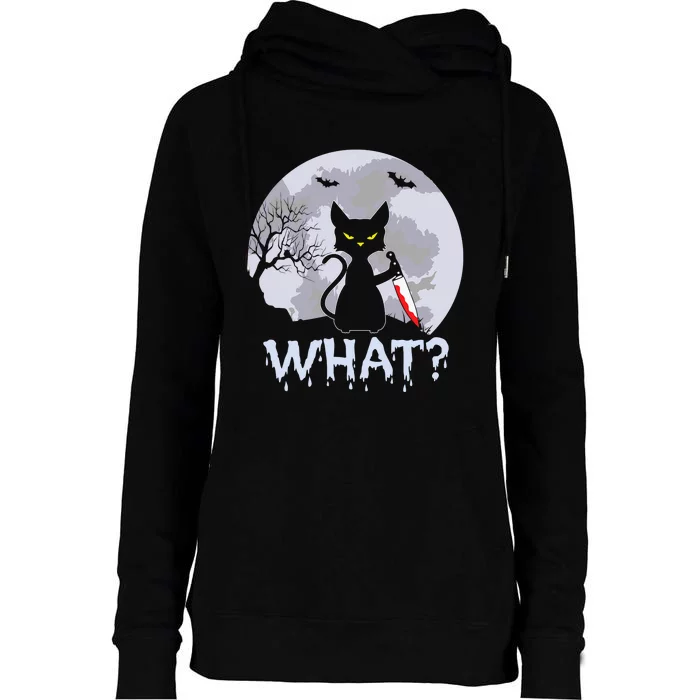 Funny CAT WHAT? Murderous Black Cat With Knife Halloween Costume Womens Funnel Neck Pullover Hood