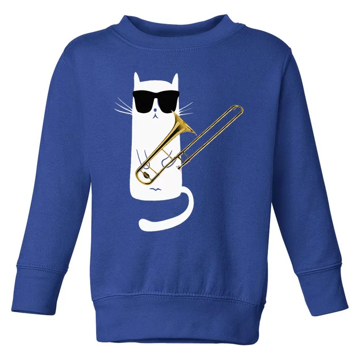 Funny Cat Wearing Sunglasses Playing Trombone Toddler Sweatshirt