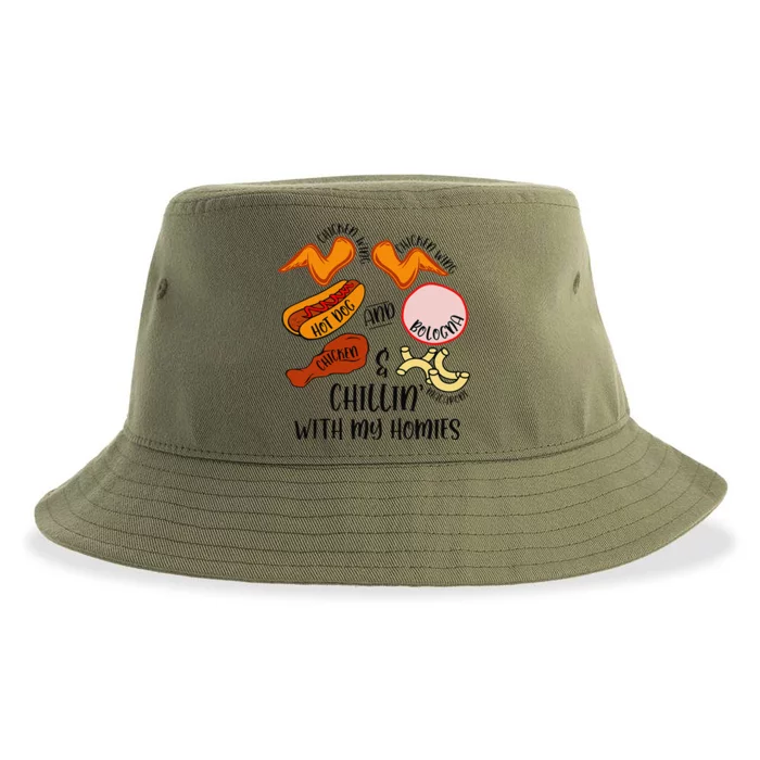 Funny Chicken Wing Song Lyric Hot Dog Bologna Macaroni Sustainable Bucket Hat