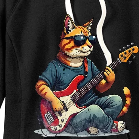 Funny Cat Wearing Sunglasses Playing Bass Guitar Cat Owner Women's Fleece Hoodie