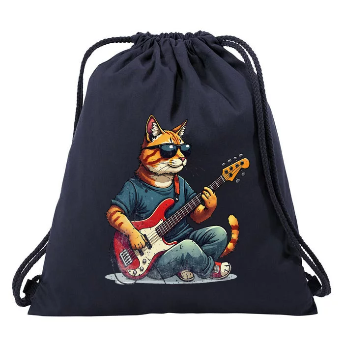 Funny Cat Wearing Sunglasses Playing Bass Guitar Cat Owner Drawstring Bag