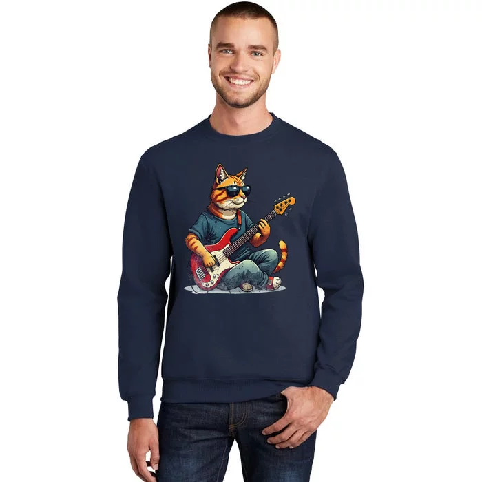 Funny Cat Wearing Sunglasses Playing Bass Guitar Cat Owner Tall Sweatshirt