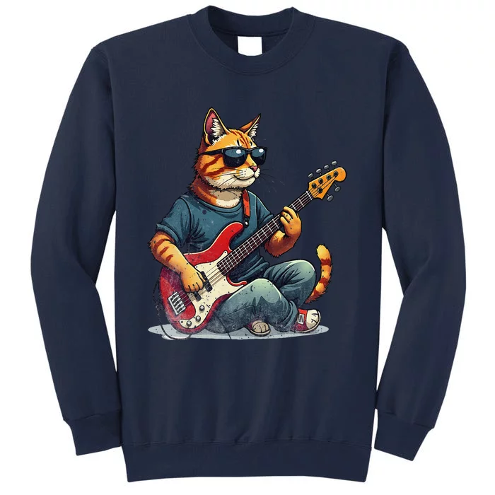 Funny Cat Wearing Sunglasses Playing Bass Guitar Cat Owner Tall Sweatshirt