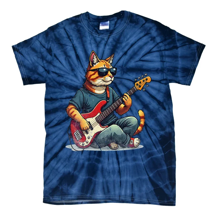 Funny Cat Wearing Sunglasses Playing Bass Guitar Cat Owner Tie-Dye T-Shirt