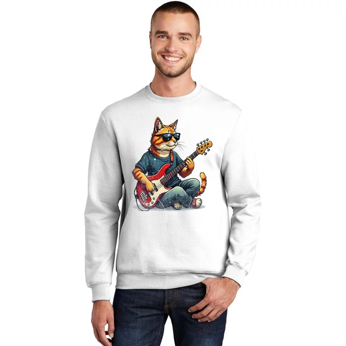 Funny Cat Wearing Sunglasses Playing Bass Guitar Cat Owner Sweatshirt