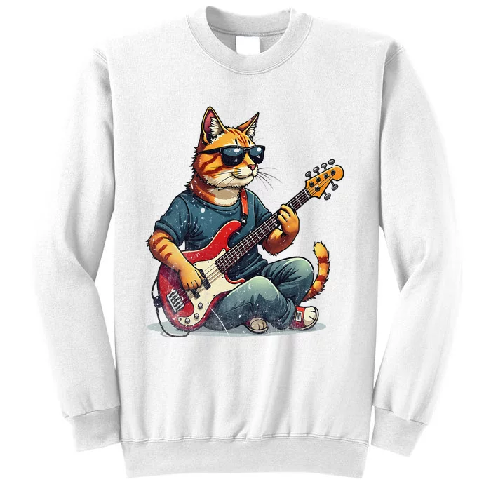 Funny Cat Wearing Sunglasses Playing Bass Guitar Cat Owner Sweatshirt