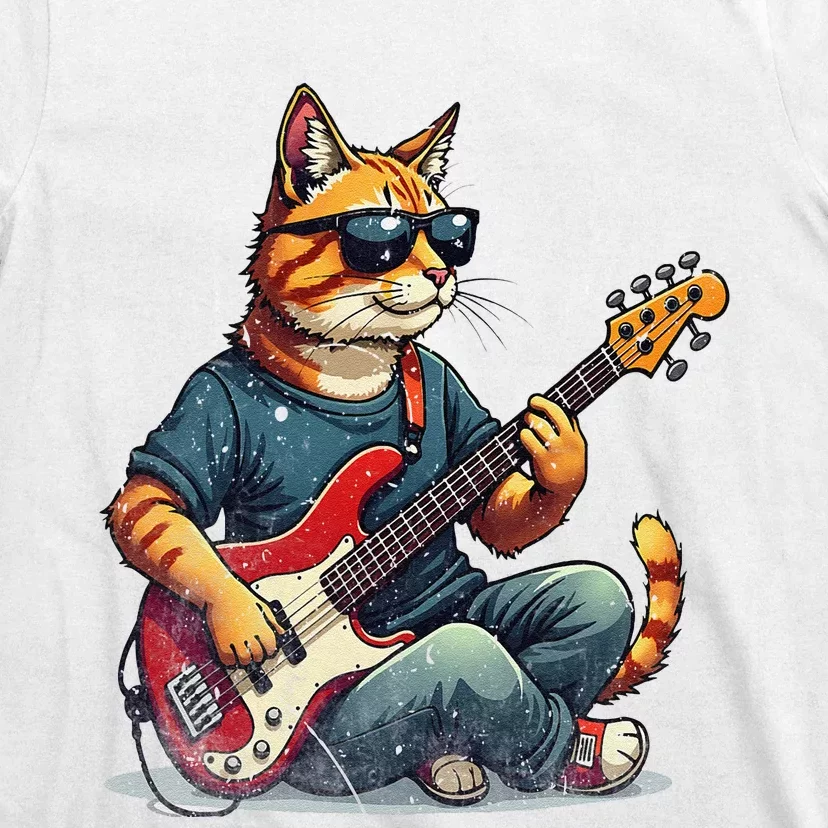 Funny Cat Wearing Sunglasses Playing Bass Guitar Cat Owner T-Shirt