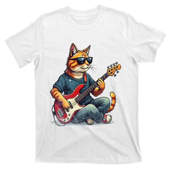 Funny Cat Wearing Sunglasses Playing Bass Guitar Cat Owner T-Shirt