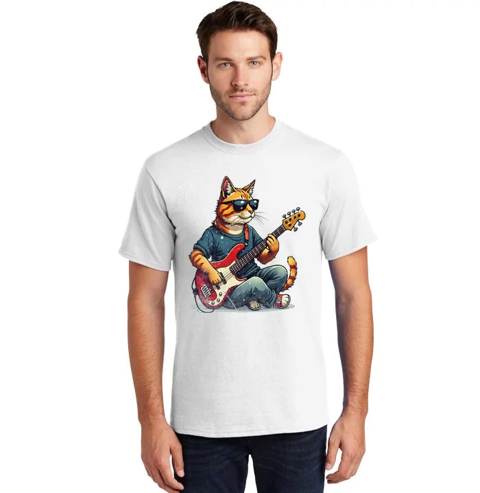 Funny Cat Wearing Sunglasses Playing Bass Guitar Cat Owner Tall T-Shirt