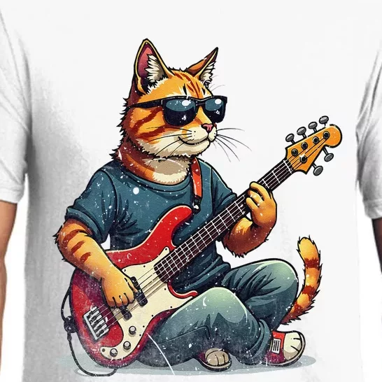 Funny Cat Wearing Sunglasses Playing Bass Guitar Cat Owner Pajama Set