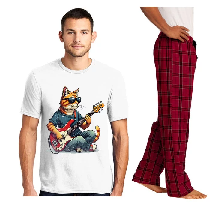 Funny Cat Wearing Sunglasses Playing Bass Guitar Cat Owner Pajama Set