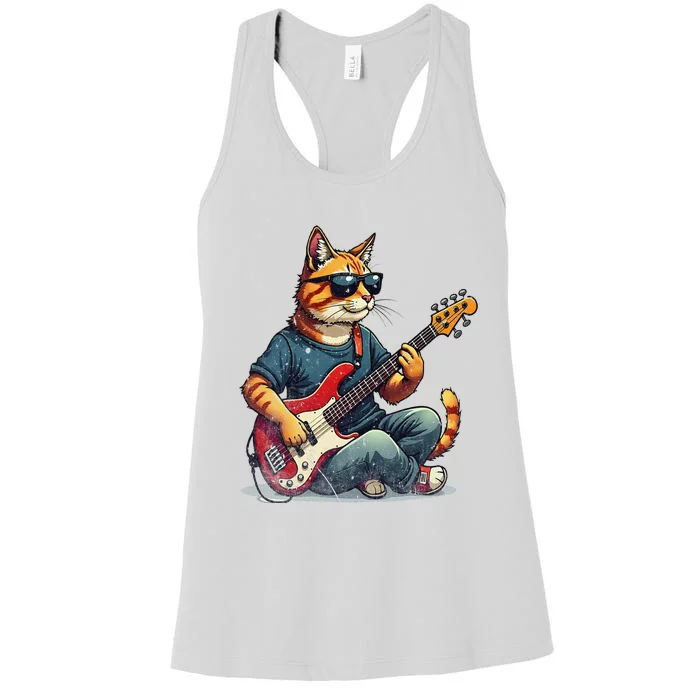 Funny Cat Wearing Sunglasses Playing Bass Guitar Cat Owner Women's Racerback Tank